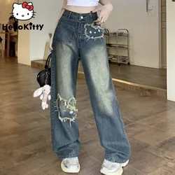 Sanrio Hello Kitty jeans azul vintage para mulheres, calças retas soltas, calças largas, streetwear Y2K, moda desenhos animados, versão coreana