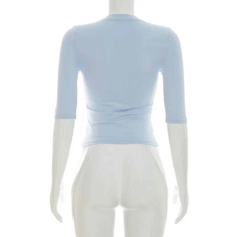Schlankes V-Ausschnitt T-Shirt für Damen mit Ellbogenärmeln, Vintage Casual Basic Crop Top, Street Bodycon Y2K Ästhetik Commute T-Shirt 2026 – Detail 6