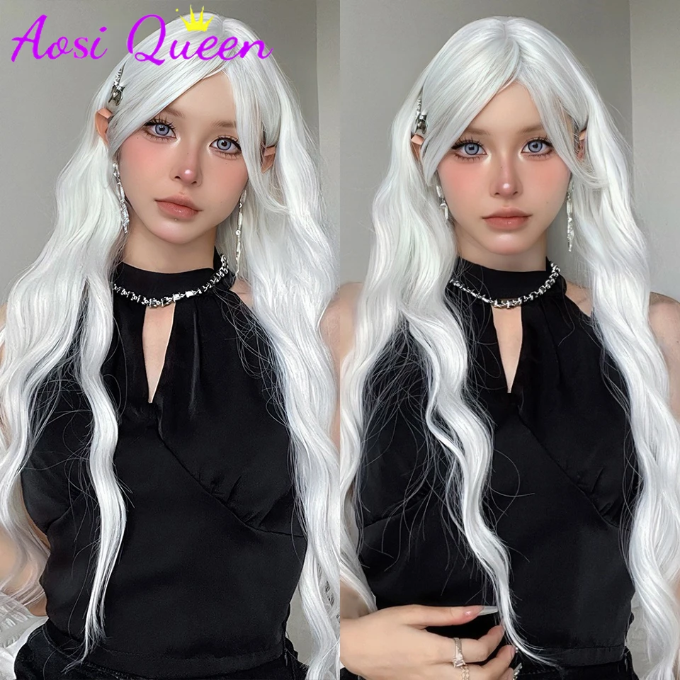 Long Water Wave Wig with Bangs White Colorful Cosplay Silky Wig for Women Daily Party Natural Soft Synthetic Hair Heat Resistant