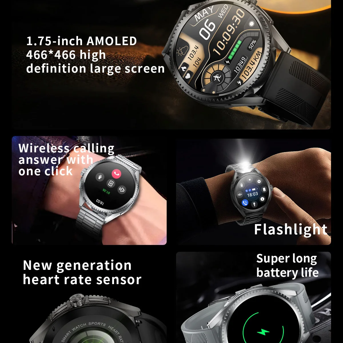 Outdoor Sports Fitness Blue Tooth Call Smart Watch Waterproof Bracelet Men Heart Rate Sleep Monitor Smartwatch Women 1.75 Amoled