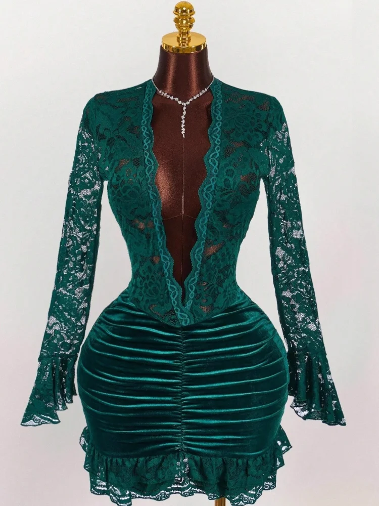 

Dresses Women Deep V Neck Sexy Dress Lace Spliced Long Sleeve Mini Dress Summer New See Through Pleated Slim Dresses