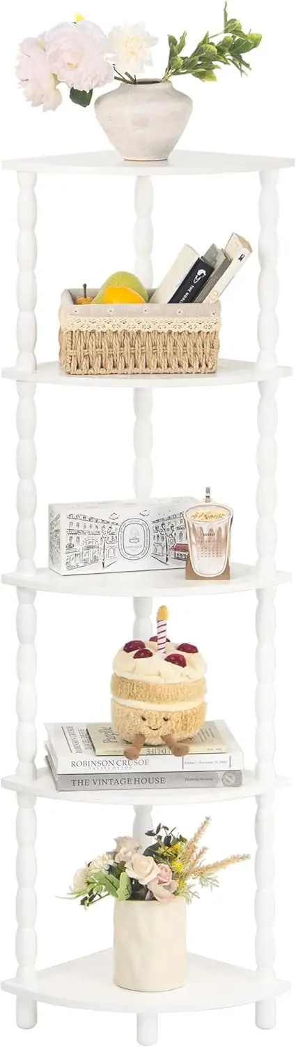

5-Tier Corner Bookshelf with Storage, Modern Plant Stand for Bedroom, Bathroom, Kitchen, Living Room in White