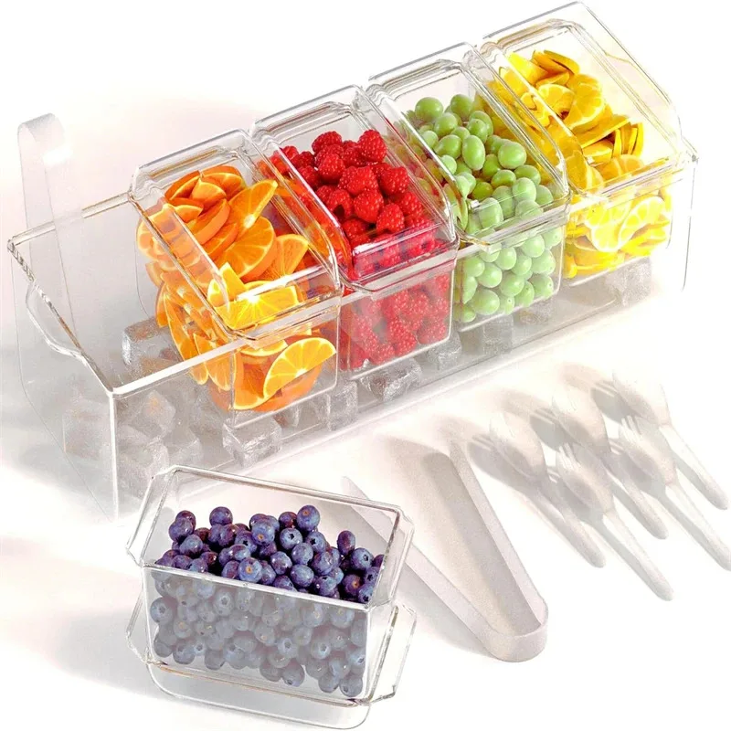

TOPLIVING 1PCS 5 Container Ice Chilled Condiment Tray With Removable Dividers Clear Serving Platter For Fruit Salad Bar Food A