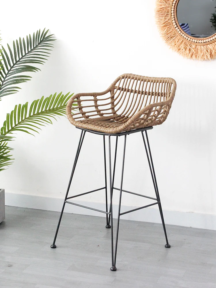rattan high backrest simple wrought iron high stool, waterproof and sunscreen high chair, retro bar stool