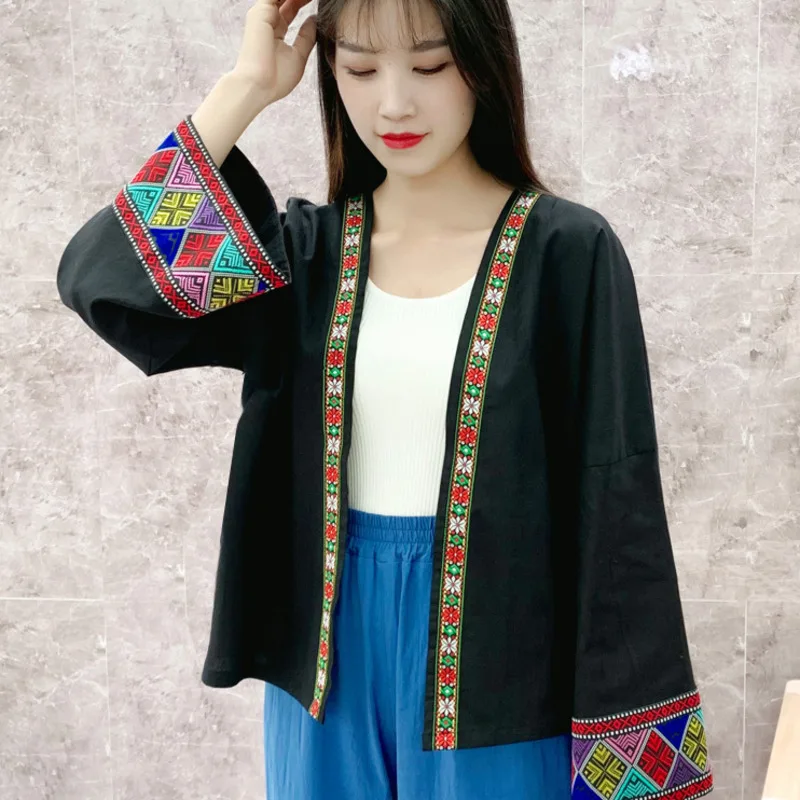 

Ethnic Style Tops Short Women Embroidery Cardigan Loose Long Sleeve Cotton Linen Fashion Chinese Vintage Jacket Spring New 2022