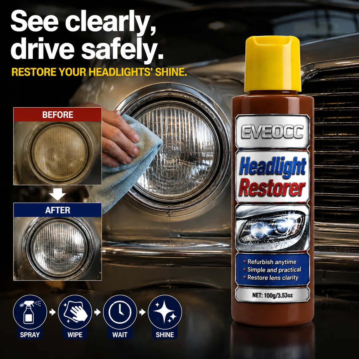 Car Headlight Lens Restorer Polish, Remove Yellowing Oxidation Haze, Restore Headlamp Transparency Shine 100g