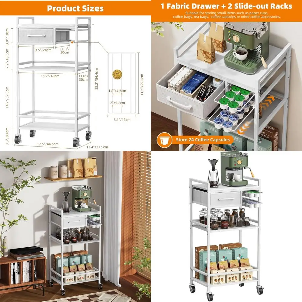 

4-Tier Coffee Cart with Storage, 33 High Coffee Station Cabinet, Pod Drawers or Vertuo, Mini Toaster Oven Stand, Suitable for Ki
