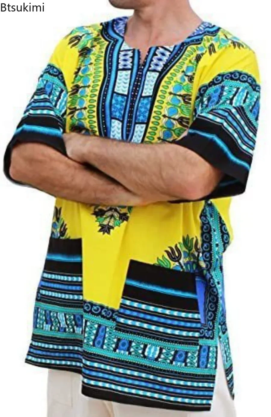 2024 African Dashiki Cotton Shirts Men Festival Clothing Fashion Retro Short Sleeve Print Shirts Bohemian Craft Clothes Shirts