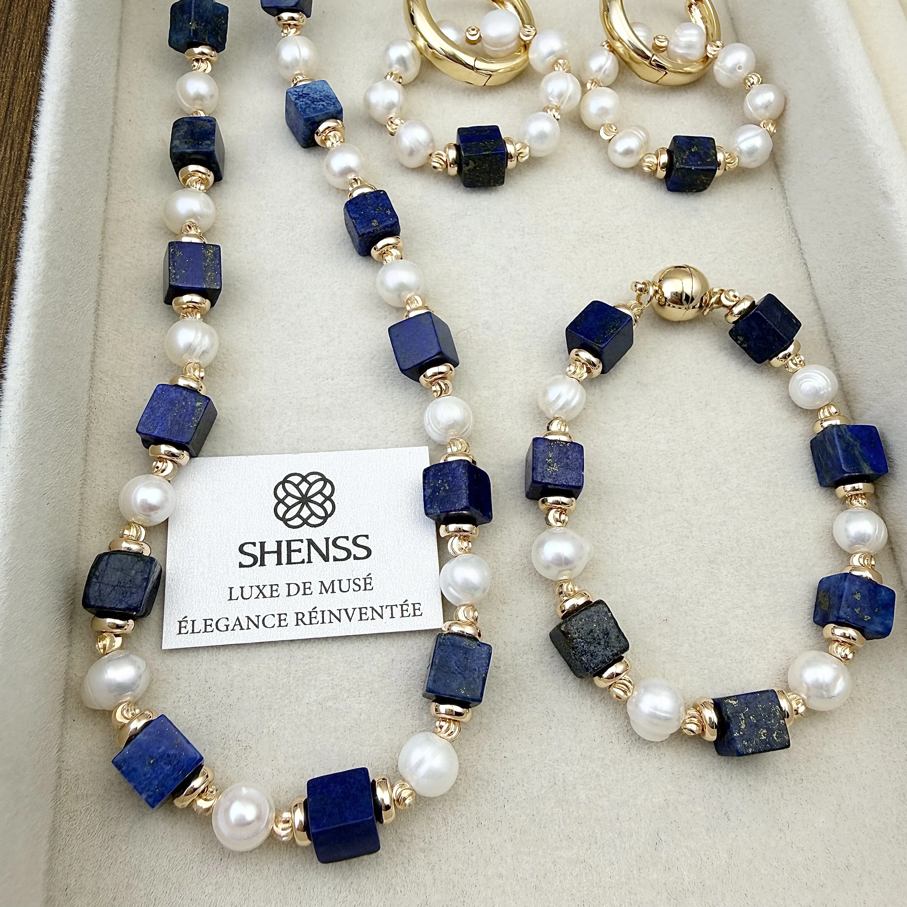 Natural Lapis Lazuli Cube Freshwater Pearl Jewelry Set Luxury Blue White Contrast Necklace Bracelet Earrings Elegant Versatile