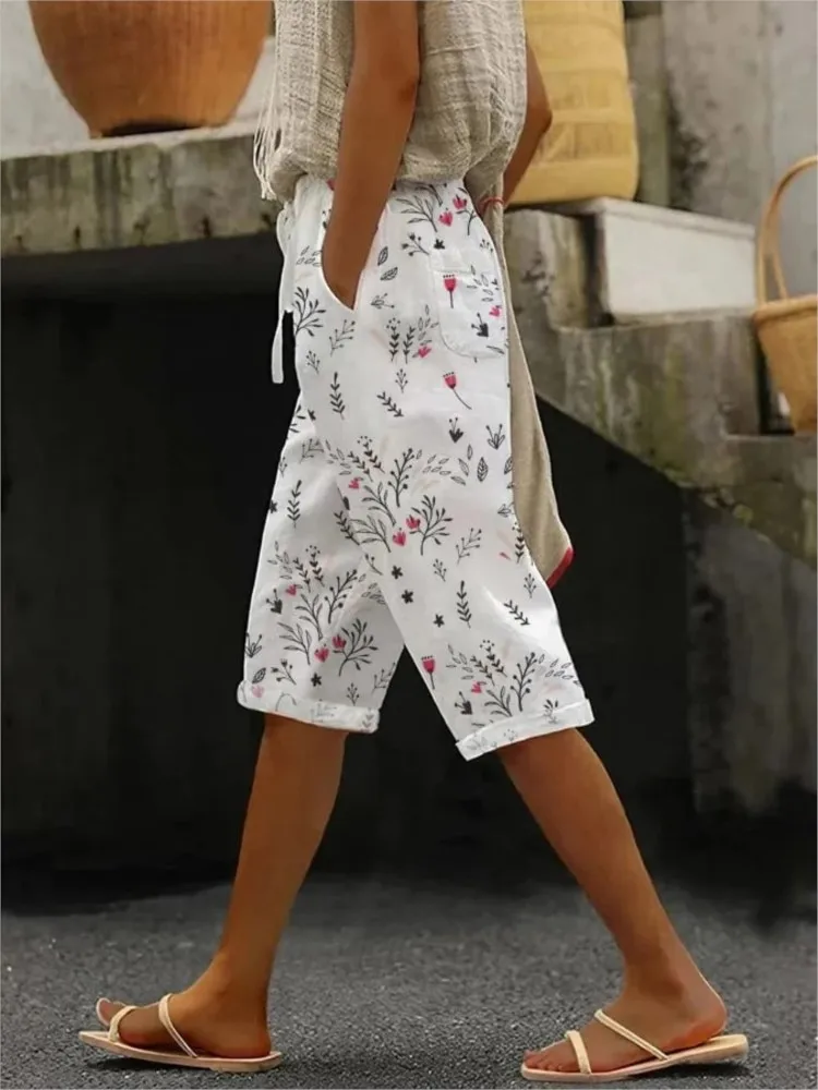 Casual Print Pants For Women Fashion Boho Holiday Beach Sports Womens Clothing Summer Pockets Straight Knee Length Lady New 2025
