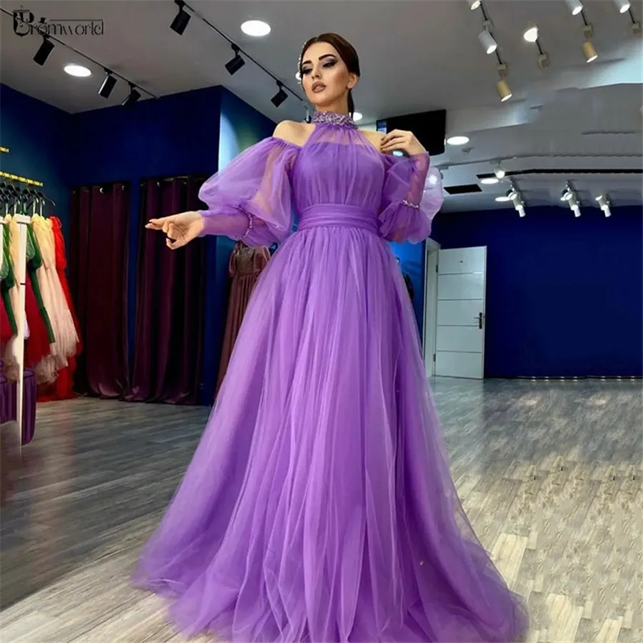 

A-Line Purple Dubai Arabic Evening Dresses 2024 Women Party Formal Occasion Dresses Puff Sleeves Halter Beaded Tulle Prom Gowns
