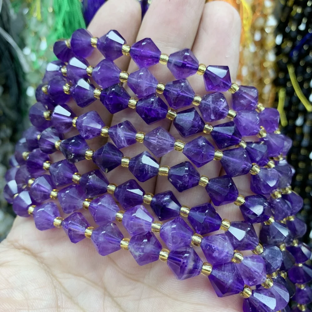 Natural 8mm Bicuspid Faceted Amethyst Prehnite Stone Loose Spacer Rhombus Bead for Jewelry Making DIY Charms Bracelet
