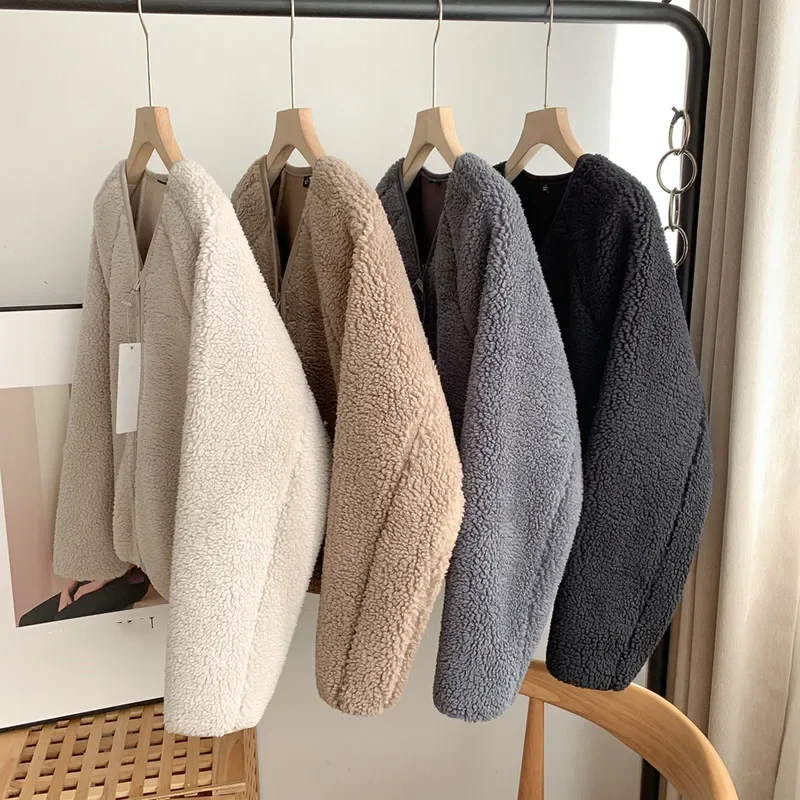 

Korean Version Autumn Winter New V-Neck Women's Coat Soft Zipper Thicken Warm Jacket Solid Texture Short Coat