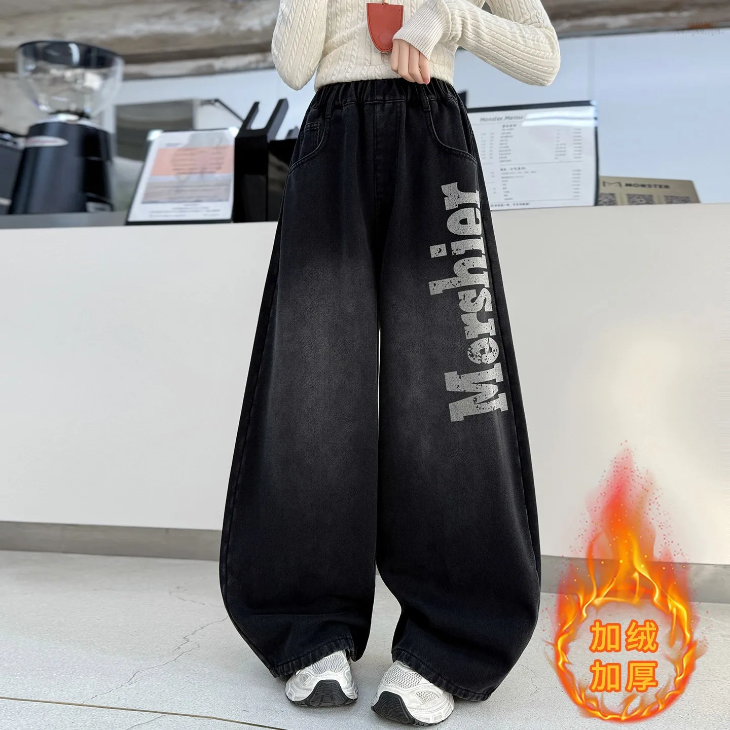 

Teenager Girls Winter Insulated Jeans With Letter Pattern Thermal Denim Pants For Kids Child Straight Fit Fleece-Lined Trousers