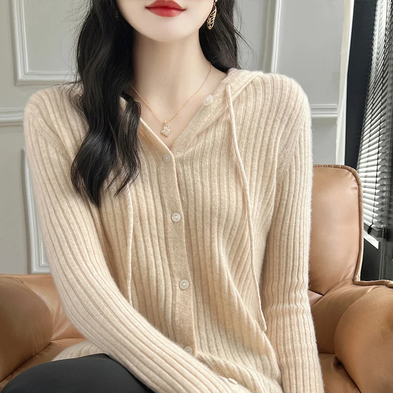 

100% Merino Wool Fashion Women Hooded knitted Cardigan Cashmere Soft Long Sleeves Comfort Warm Clothing Top Casual Solid Color