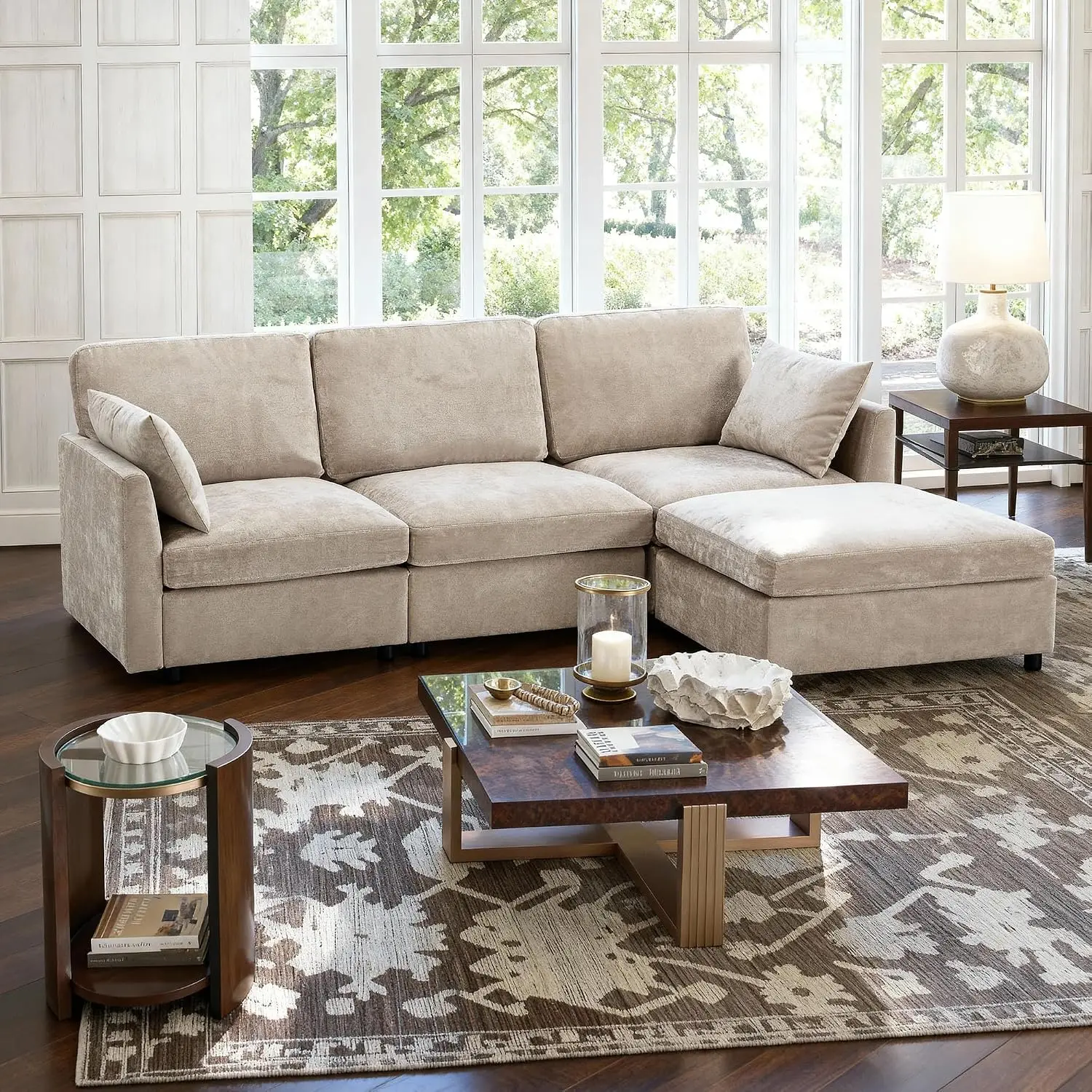 Modular Sectional Sofa for Living Room, Modern 6 Seater Convertible U Shaped with Ottoman & Spring Cushion, Khaki, Customized