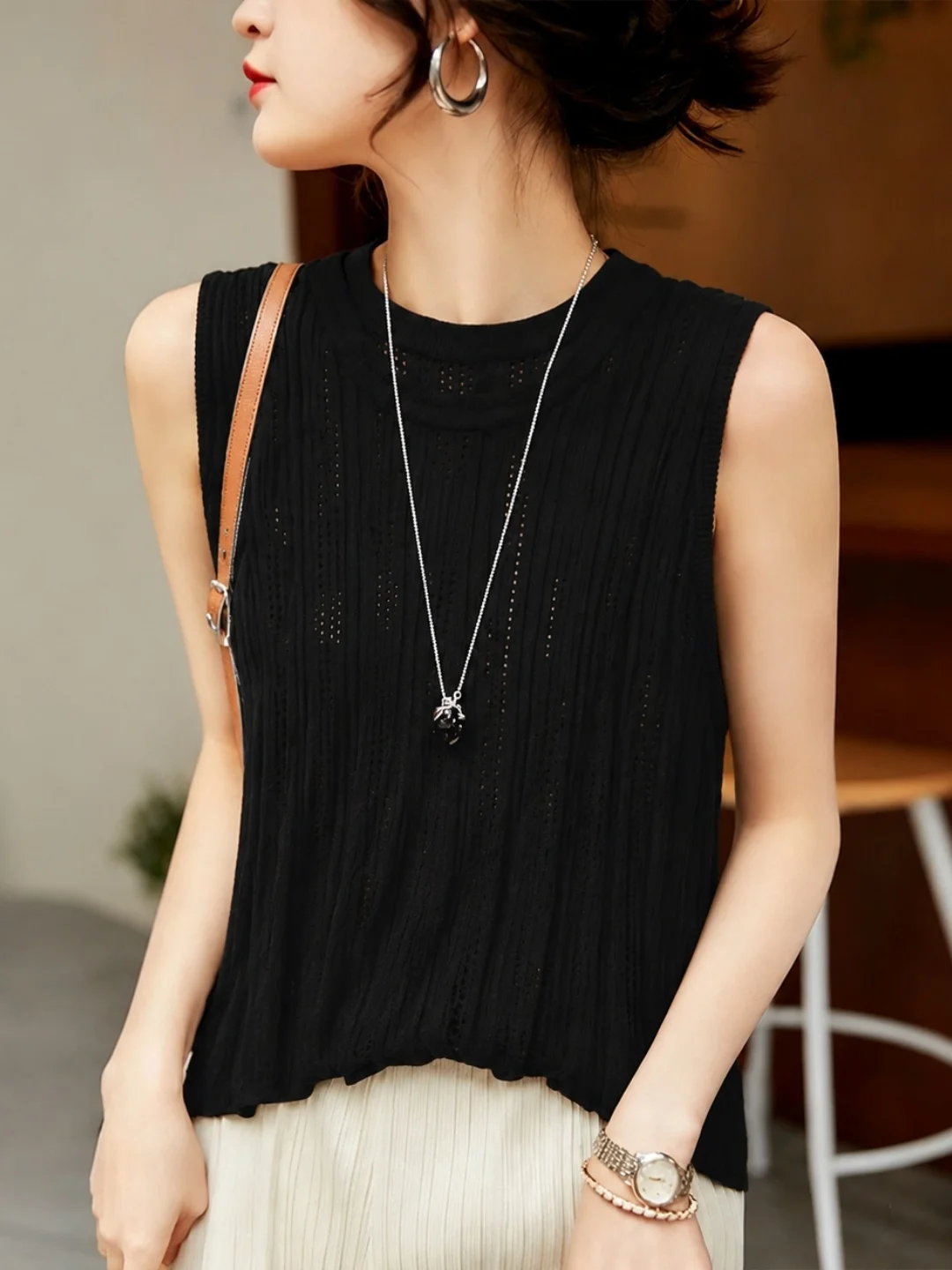 Korean Style Soft Cozy Knitted Vest Sleeveless Fashionable Trendy Women's Top round Neck Straight Cut Silken Material