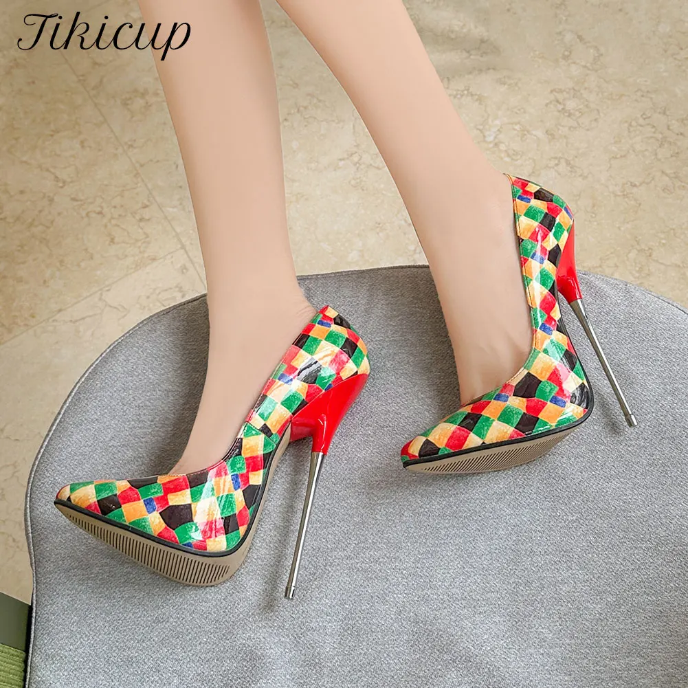 Tikicup Multi-Color Plaid Print Women 16cm Extremely High Metal Heel Stiletto Shoes for Show Striper Sexy Slip On Pumps