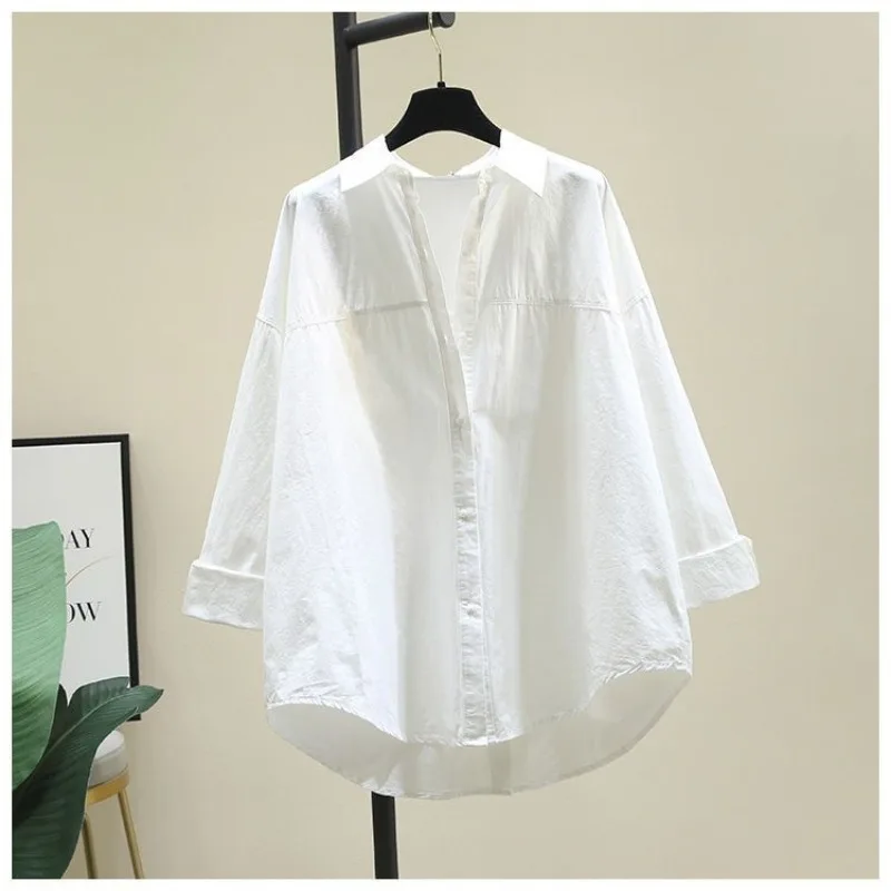 

Women's Light Blue Oversized Shirt Long Sleeve Button Back Curved Hem Casual Loose Fit Top