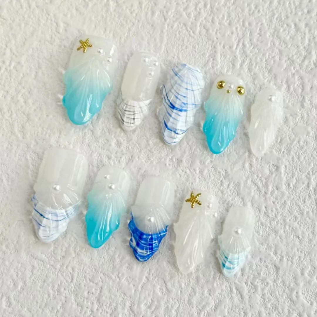 Nieuwe Ocean Series Nail Art Shell Style Kunstnagels Druk op nagels Geleidelijk veranderen van kleur Amandellengte Stuur gereedschapsset