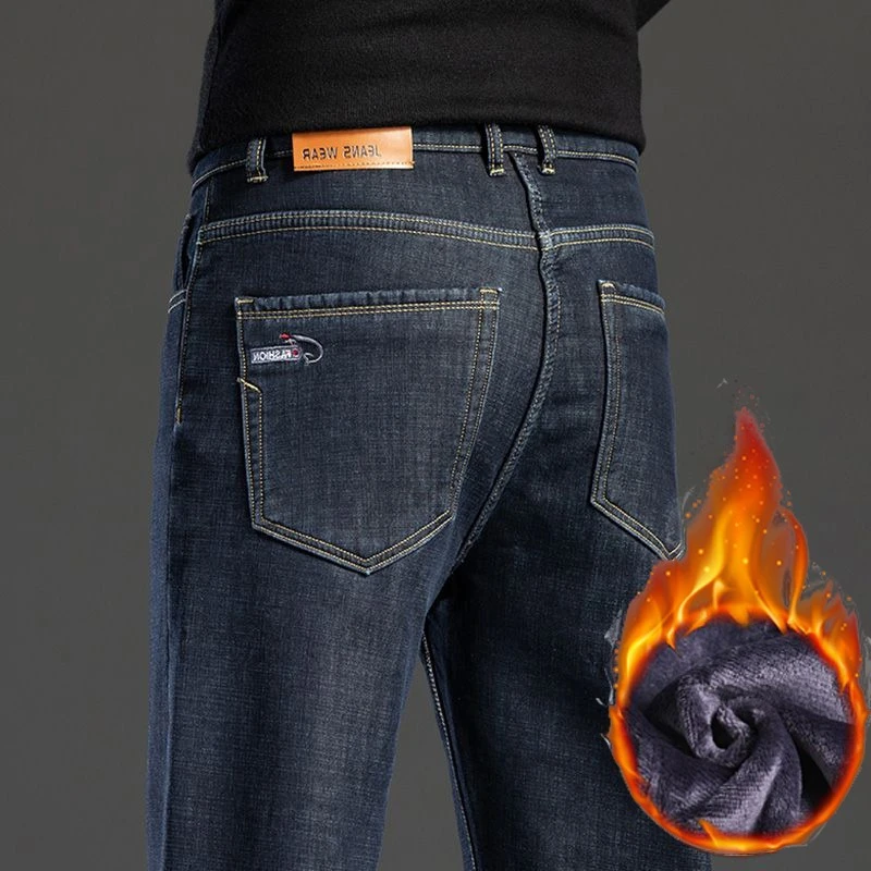 

Мужские осенне-зимние утолщенные джинсы на флисовой подкладке, мужские теплые элегантные повседневные джинсовые брюки, свободные прямые эластичные брюки