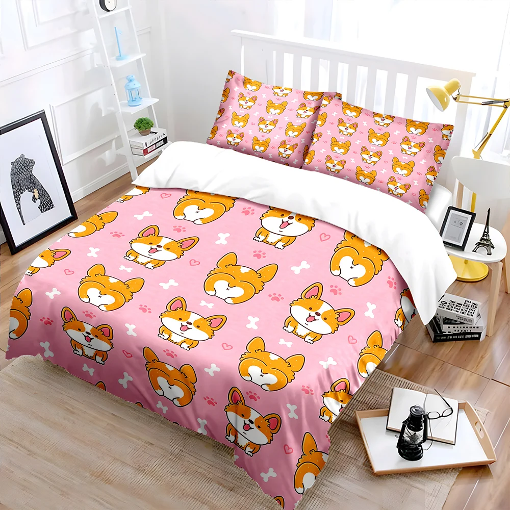 3PC Cute cartoon corgi and bones Print Bedding Set 1 Duvet Cover 2 Pillowcases for Adult and Children Luxury Gift Full Size
