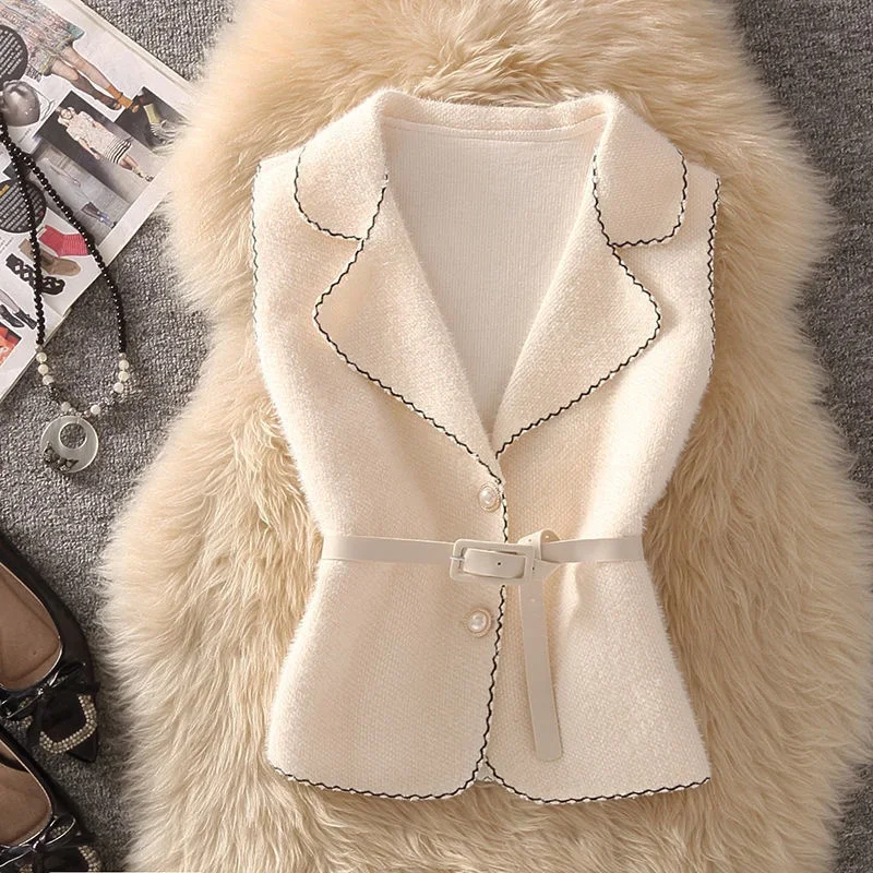 

Woolen Cloth Vest Coat Women Vintage Autumn Winter Loose Sashes Button Sleeveless Waistcoat Lady Casual Solid Gilet Jacket X1068