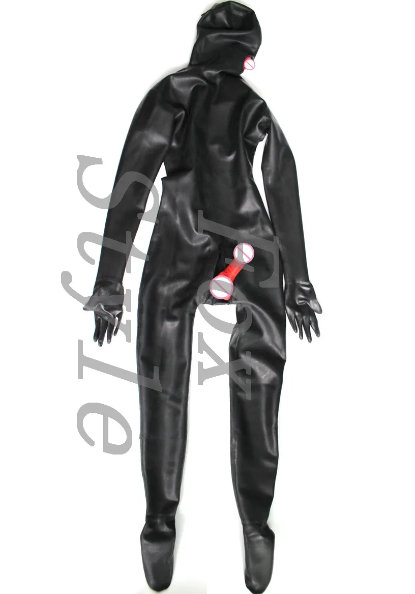 

0.8 mm thickness Heavy latex rubber exo-tic Catsuits with an-us mouth pe-nis con-doms in black full cover size custom fox style