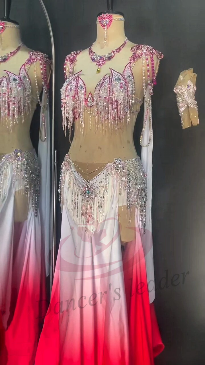 Belly Dance AB Stone Female Adult Children High end Customized Rose Pink Gradient Long Dress Tango Team Performance Dress