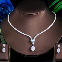 ThreeGraces New Design Luxury Cubic Zirconia Water Drop Pendant Necklace Earrings Set for Women High Quality Dress Jewelry JS647
