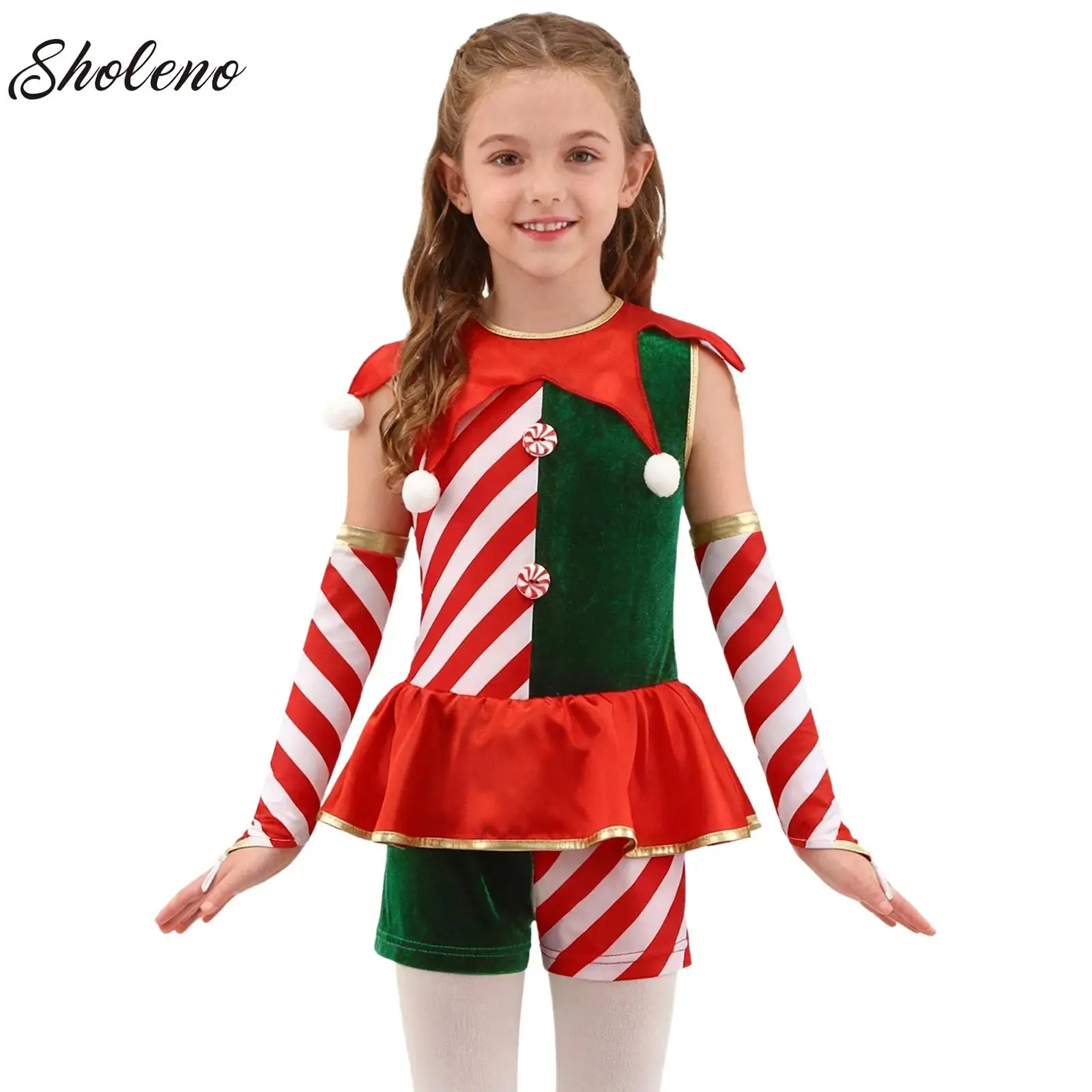 

Kids Christmas Elf Costumes Patchwork Pompoms Stripe Ruffled Overlay Cosplay Jumpsuit with Oversleeves for New Year Party Gifts