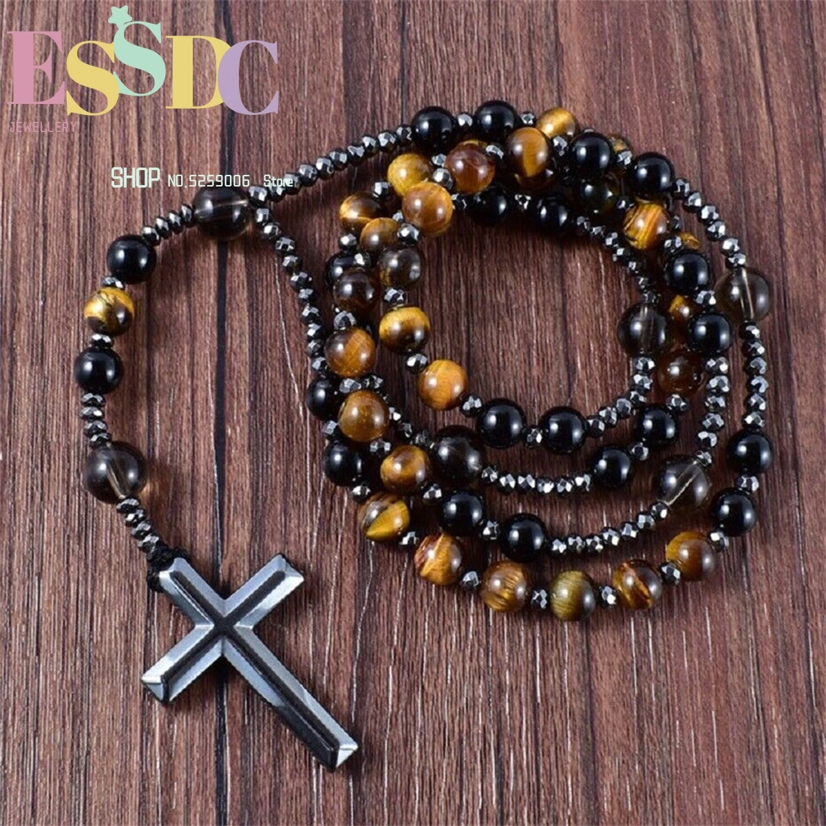 Obsidian Black Agate Malachite Tiger Eye Stone African Pine Beaded Hematite Black Gallstone Cross Pendant Necklace Charm Gift