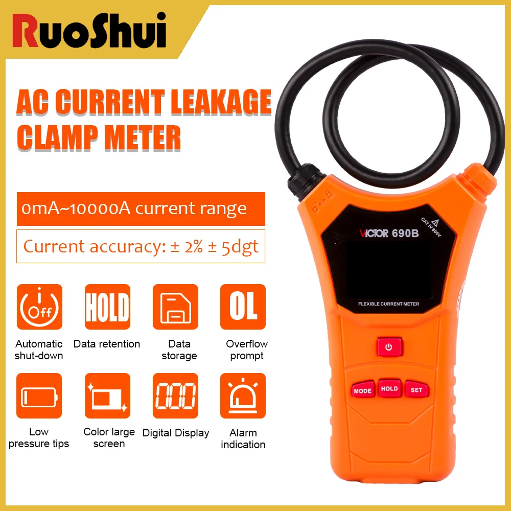 

RuoShui 690B True RMS Flexible Clamp Meter 0-10000A Digital Leakage Current Tester With Voltage Measurement Smart Multimeter