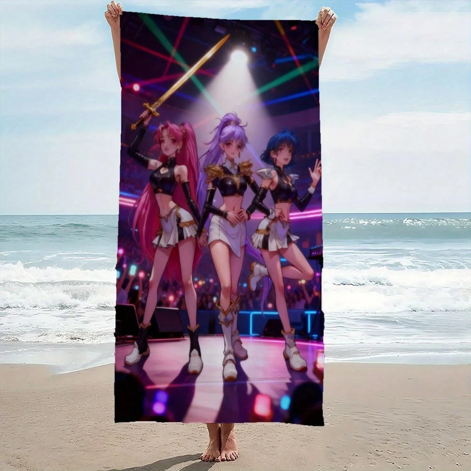 Anime Battle Girl Group Strandtuch – ultrafeine Fasern, saugfähig, schnell trocknend – Strand-, Schwimmbad-, Neon-Bühnen-Idol-Handtuch für Fans
