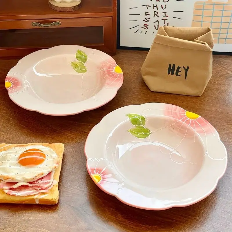 

High-value exquisite hand-painted embossed begonia flower dinner plate high temperature resistant underglaze pasta plate salad