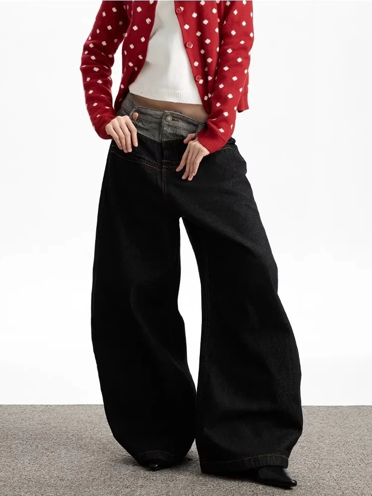 

Женские джинсы-брюки Y2K 2026 года в японском стиле, черные, с пэчворком, свободного кроя, прямые, повседневные, из хлопка, длинные