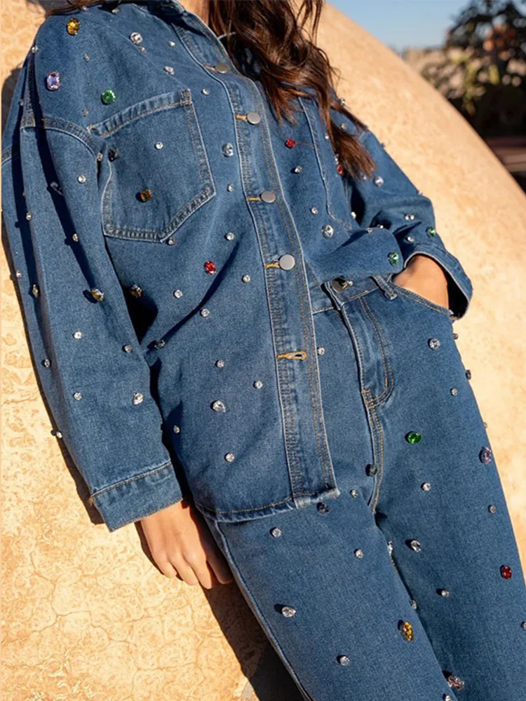 

Colorful Diamond Loose Denim Jacket Glitter Straight Pants Woman Set Lapel Long Sleeves Coat Fashion Women's Casual Baggy Suits