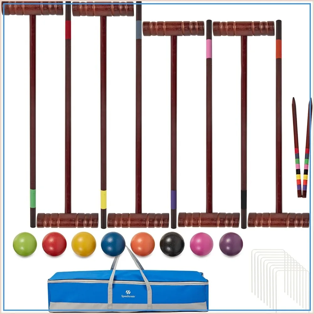 Croquet Set for Adults - 8 Players, 35In Deluxe & 32In Regulation Mallets, Colored Balls, Wickets, Stakes, Lawn Game