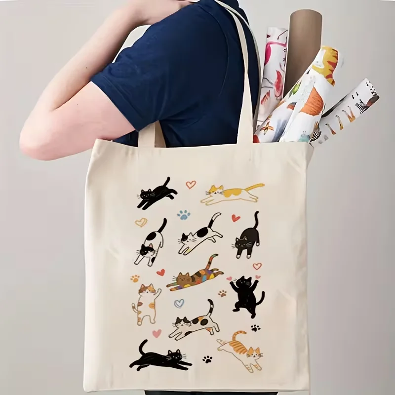 Women's Cute Cat Print Tote Bag- Light Beige Handbag with Black Cat& Paw Print Design, Multi-Functional Grocery Travel Bag, Gift