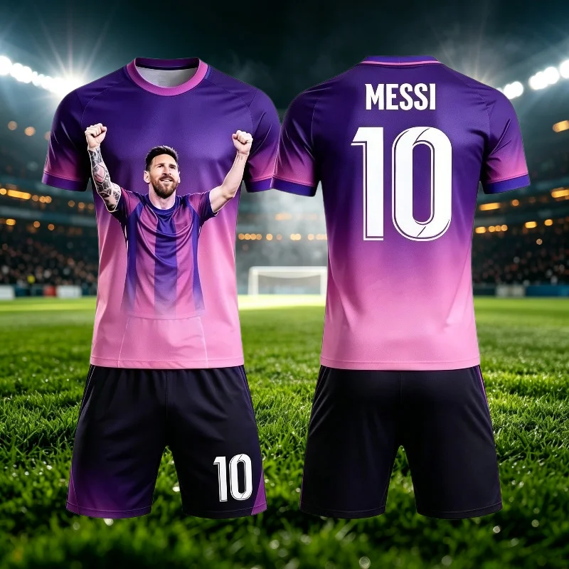 Summer New Football Jersey Sports Messi # 10 Men's and Women's Short Sleeve T-shirt and Shorts Set Quick Drying Family Kids Tees