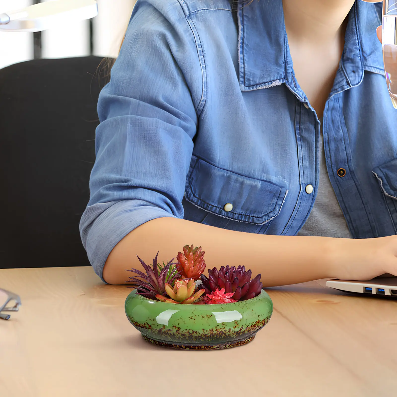 

Керамический горшок для суккулентов, неглубокая настольная чаша для бонсай, маленький круглый цветочный горшок с дренажным отверстием для цветов и суккулентов