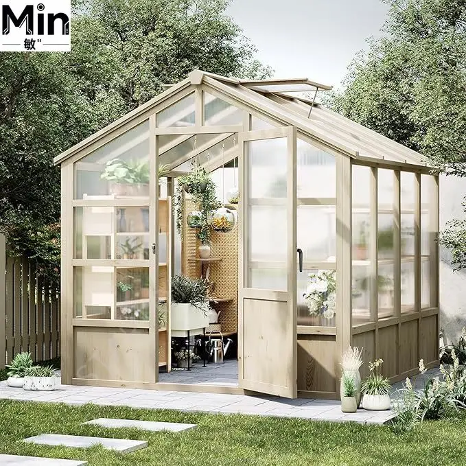 Heavy Wooden Greenhouse With Polycarbonate Panels And Lockable Door Sturdy Wood Frame Walk In Green House For Garden