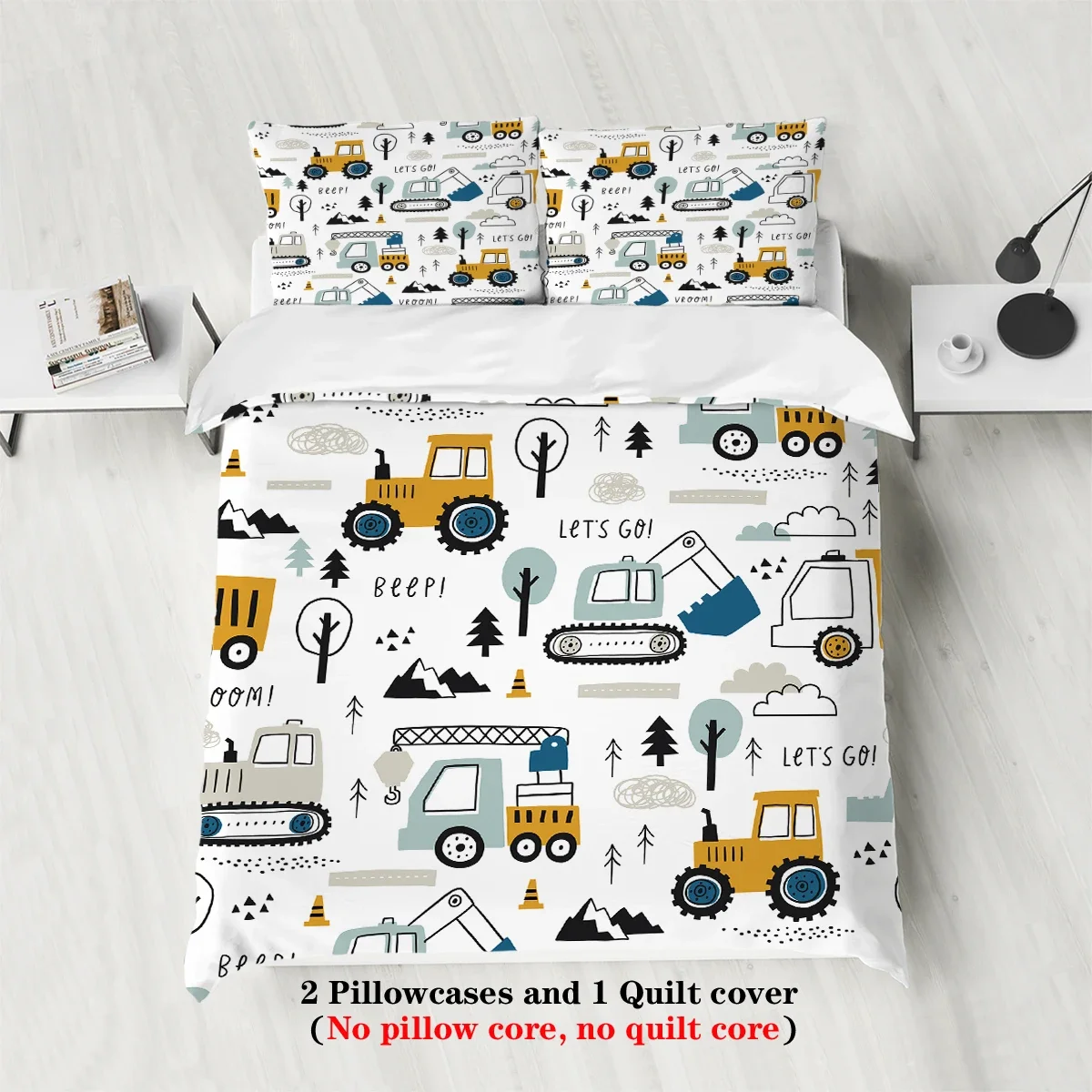Three-Piece Set (1 Duvet Cover + 2 Pillowcases, Coreless), Cartoon Engineering Vehicle Element Print Bedding Set, Multiple Sizes