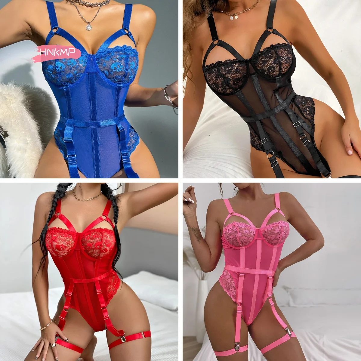 

Women's Sexy Push-Up Lace Garter Lingerie Set with Choker Underwire Bra And Thongs Intimate Underwear Set for Ladies