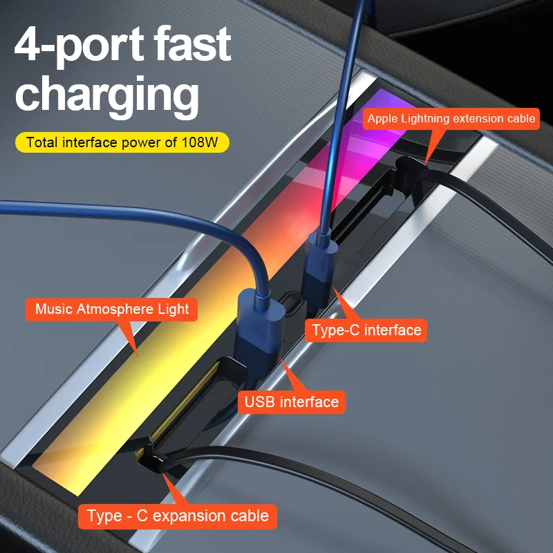 For Tesla Model Y Juniper Fast Charging USB Hub Docking Station with Rainbow Light Model 3 Highland Retractable Ambient Lighting view 6