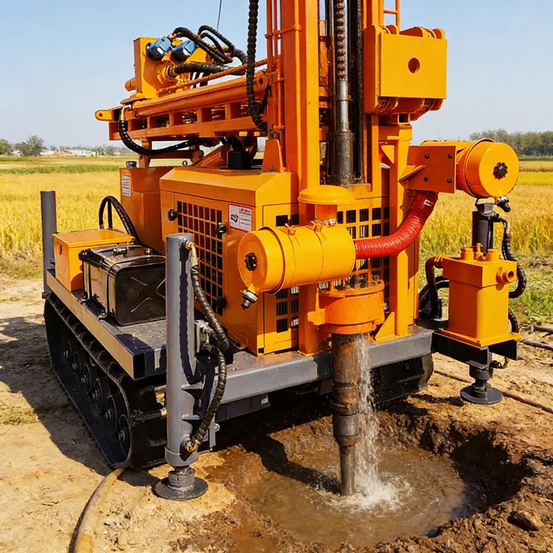 Pneumatic Water Well Drill Rig with Heavy Duty Crawler Chassis for Muddy and Rocky Terrain