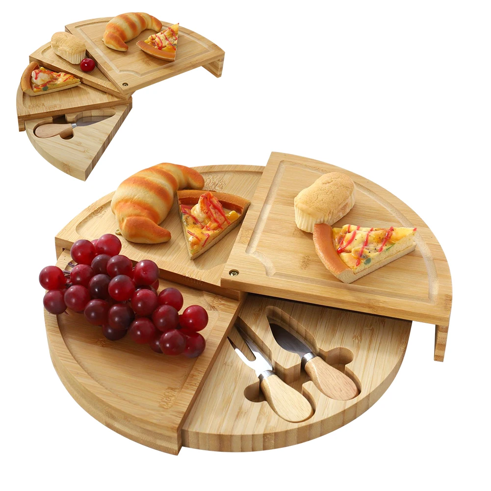 Runde Bambus-Käseplatte, Charcuterie-Serviertablett mit Drehbarer Schublade, Leicht zu Reinigendes Servierbrett, Multifunktionales Tischtablett für Zuhause, Essen, Party, Küche und Unterhaltung