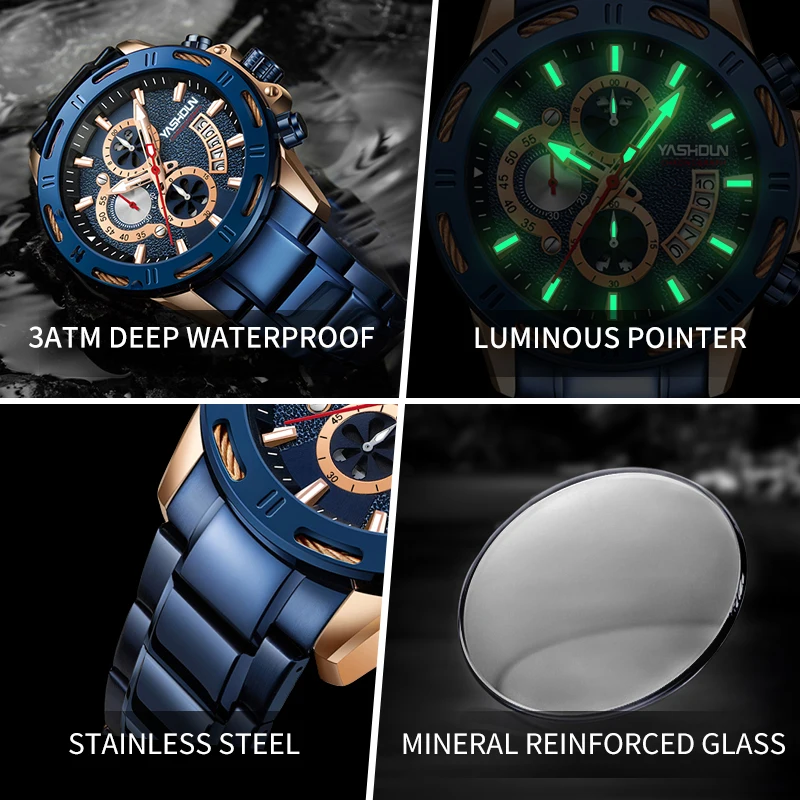 YASHIDUN Herrenuhren, Business-Quarzuhren, multifunktionale Militär-Armee-Edelstahl-Herrenuhr, leuchtende wasserdichte Uhr