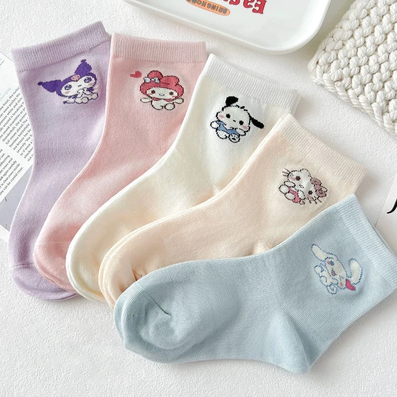 

5 Pairs Cartoon Hello Kitty Socks for Girls Cute Anime Cinnamoroll Kuromi All Seasons Y2k Cotton Socks in Tube Socks Gifts