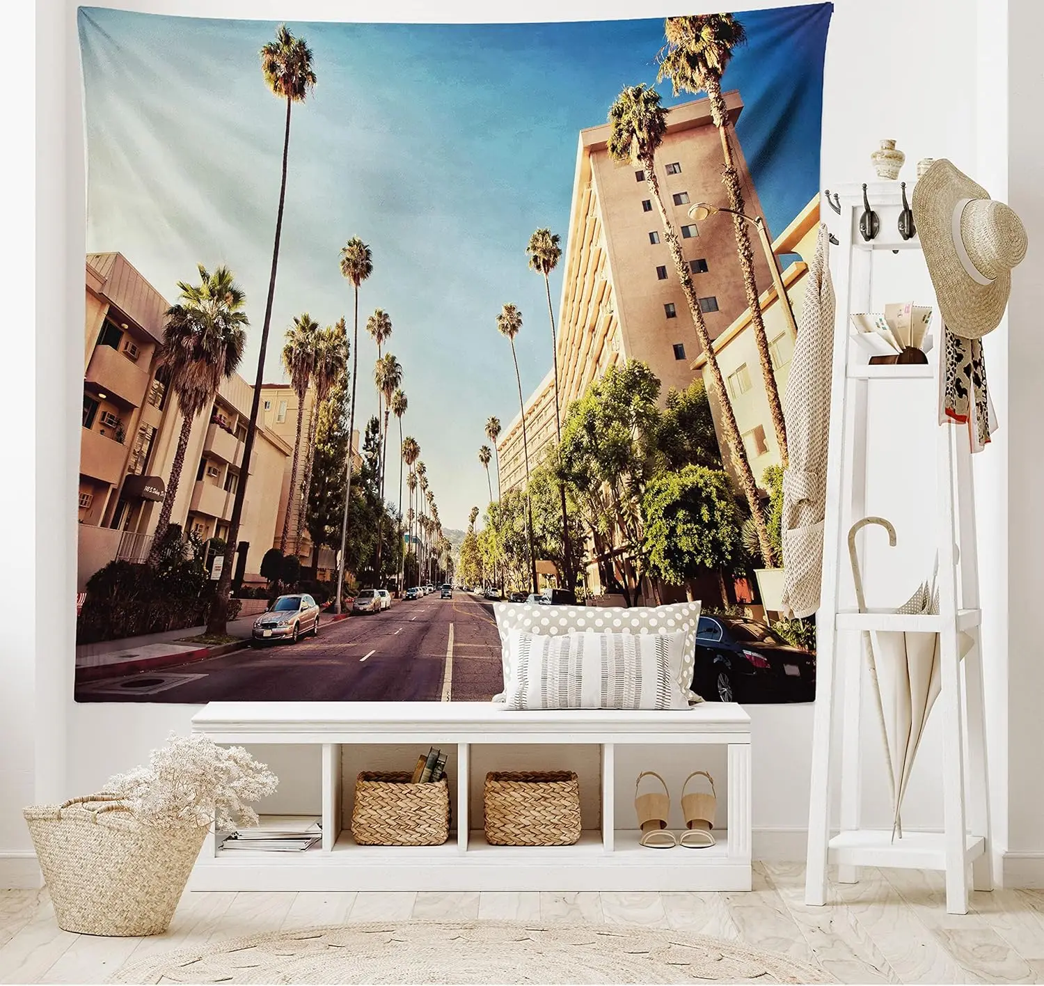 Tropical Cityscape Tapestry Wall Hanging Palm Tree Street View Urban Architectural Art Decor Poster for Modern Living Room Bedro